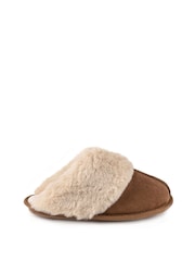 Totes Brown Ladies Isotoner Real Suede Mule Faux Fur Slippers - Image 2 of 5