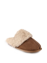 Totes Brown Ladies Isotoner Real Suede Mule Faux Fur Slippers - Image 3 of 5