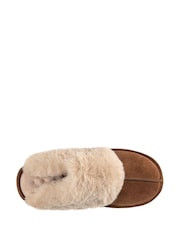 Totes Brown Ladies Isotoner Real Suede Mule Faux Fur Slippers - Image 4 of 5
