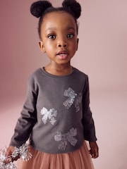 Charcoal Grey 100% Cotton Long Sleeve Bow Sequin T-Shirt (9mths-7yrs) - Image 1 of 8