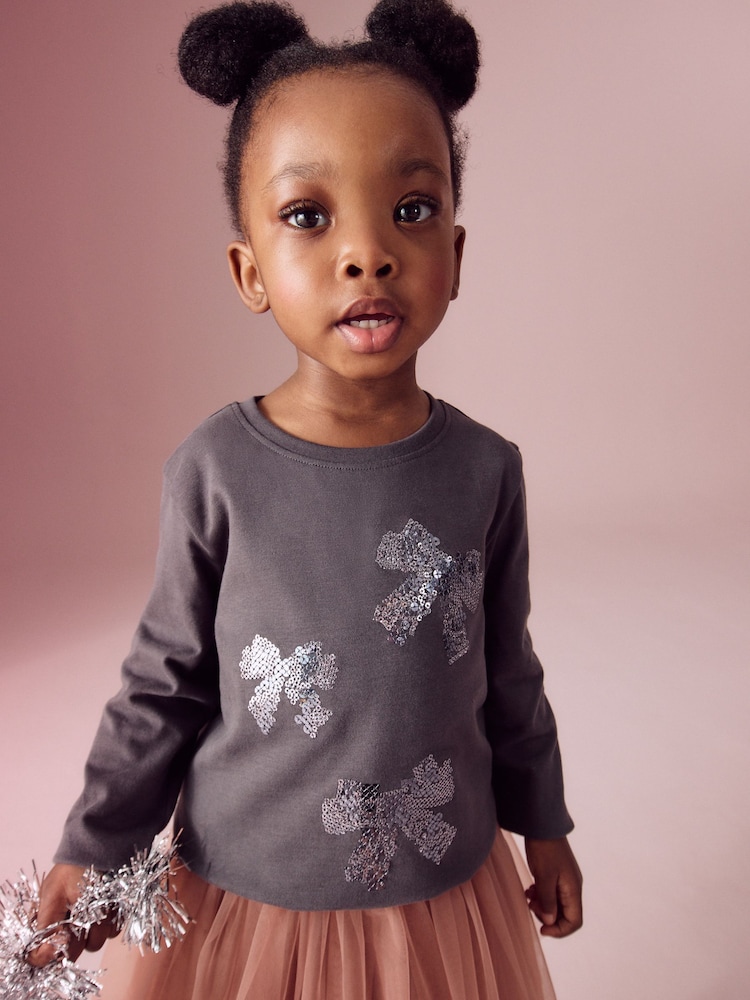 Charcoal Grey 100% Cotton Long Sleeve Bow Sequin T-Shirt (9mths-7yrs) - Image 1 of 8