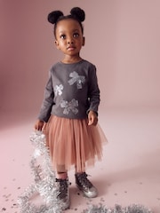 Charcoal Grey 100% Cotton Long Sleeve Bow Sequin T-Shirt (9mths-7yrs) - Image 2 of 8