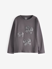 Charcoal Grey 100% Cotton Long Sleeve Bow Sequin T-Shirt (9mths-7yrs) - Image 4 of 8