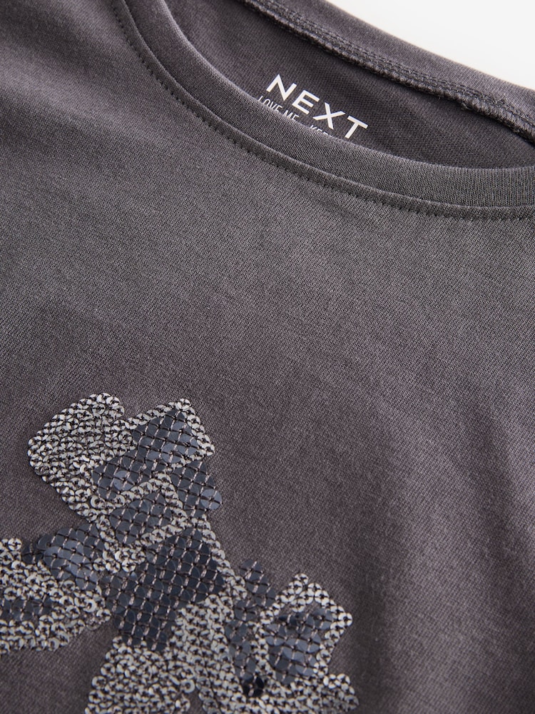 Charcoal Grey 100% Cotton Long Sleeve Bow Sequin T-Shirt (9mths-7yrs) - Image 8 of 8