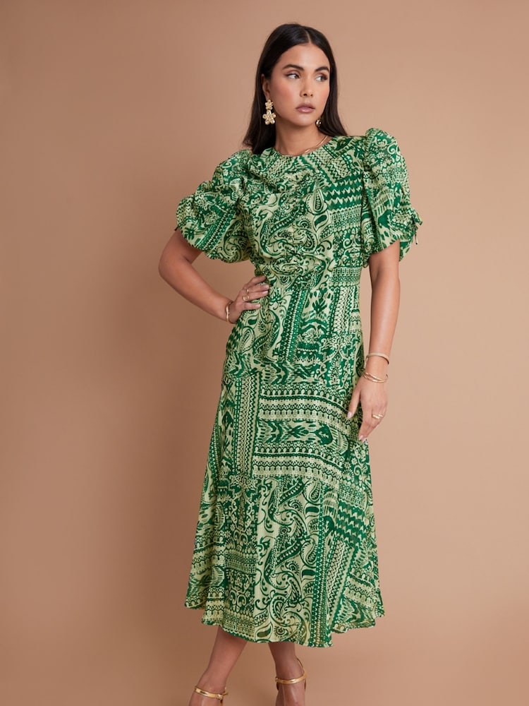 Another Sunday Green Sparkle Aztec Style Puff Sleeve Midi Dress - Image 1 of 6