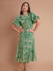 Another Sunday Green Sparkle Aztec Style Puff Sleeve Midi Dress - Image 2 of 6