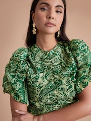 Another Sunday Green Sparkle Aztec Style Puff Sleeve Midi Dress - Image 3 of 6