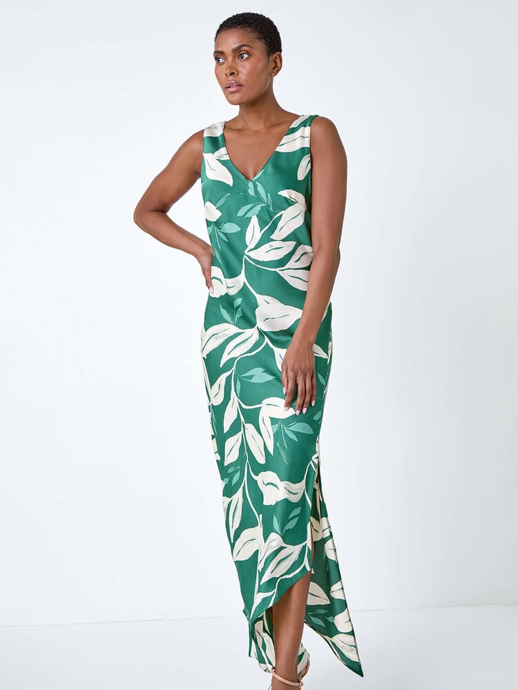 Roman Green Leaf Print Satin Midi Dress - Image 2 of 5