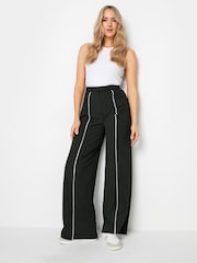 Long Tall Sally Black Contrast Pipe Detail Wide Leg Trousers - Image 1 of 4