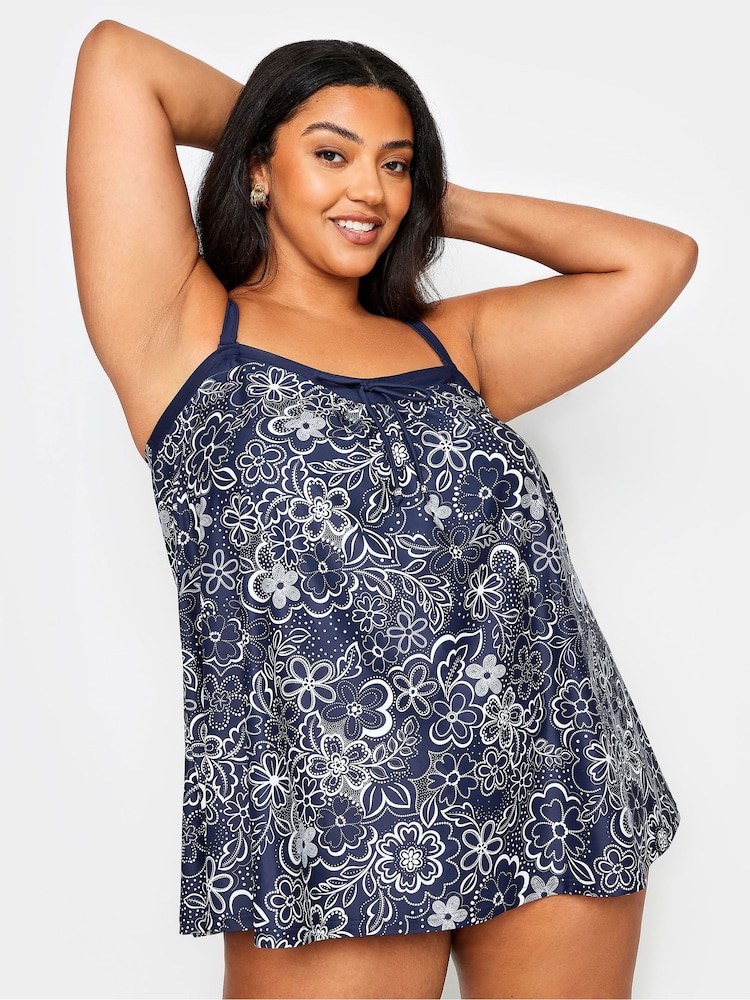 Yours Curve Blue Floral Print A-Line Tankini Top - Image 1 of 5