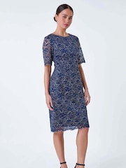 Roman Blue Lace Overlay Shift Dress - Image 2 of 5