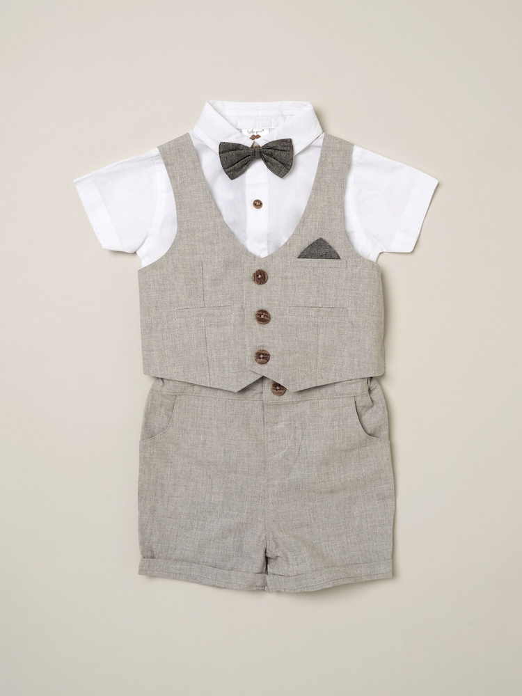 Little Gent Grey Shirt Bodysuit Bowtie 100% Cotton Shirt, Waistcoat & Short Set - Image 1 of 4