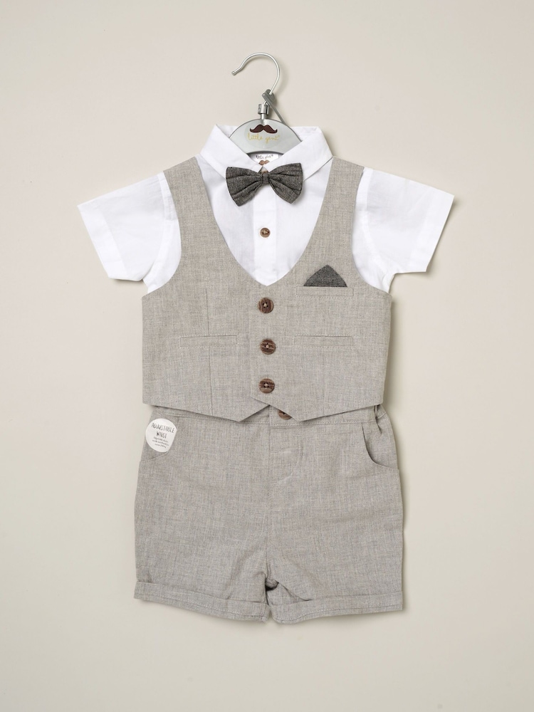 Little Gent Grey Shirt Bodysuit Bowtie 100% Cotton Shirt, Waistcoat & Short Set - Image 2 of 4
