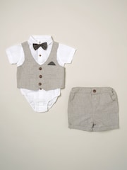 Little Gent Grey Shirt Bodysuit Bowtie 100% Cotton Shirt, Waistcoat & Short Set - Image 3 of 4