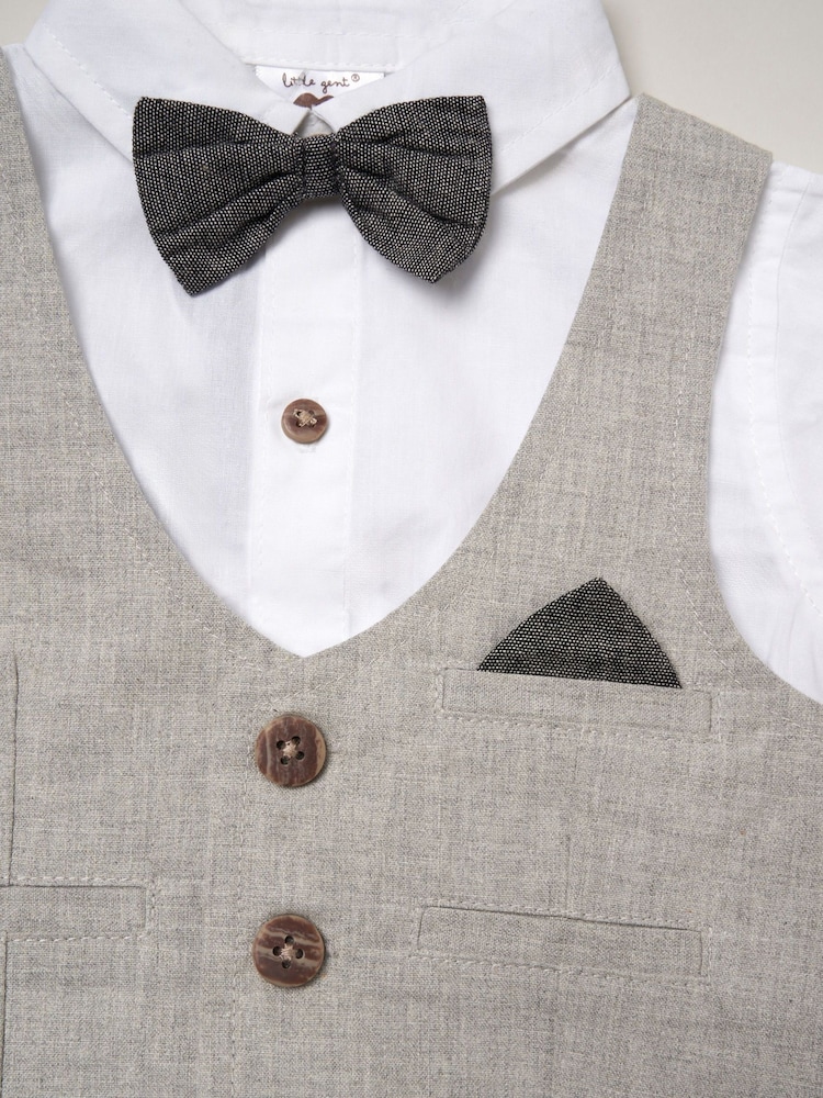 Little Gent Grey Shirt Bodysuit Bowtie 100% Cotton Shirt, Waistcoat & Short Set - Image 4 of 4