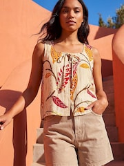 Roman Orange Leaf Print Textured Tie Front Blouse - Image 1 of 4