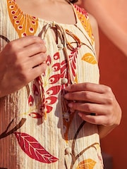 Roman Orange Leaf Print Textured Tie Front Blouse - Image 4 of 4