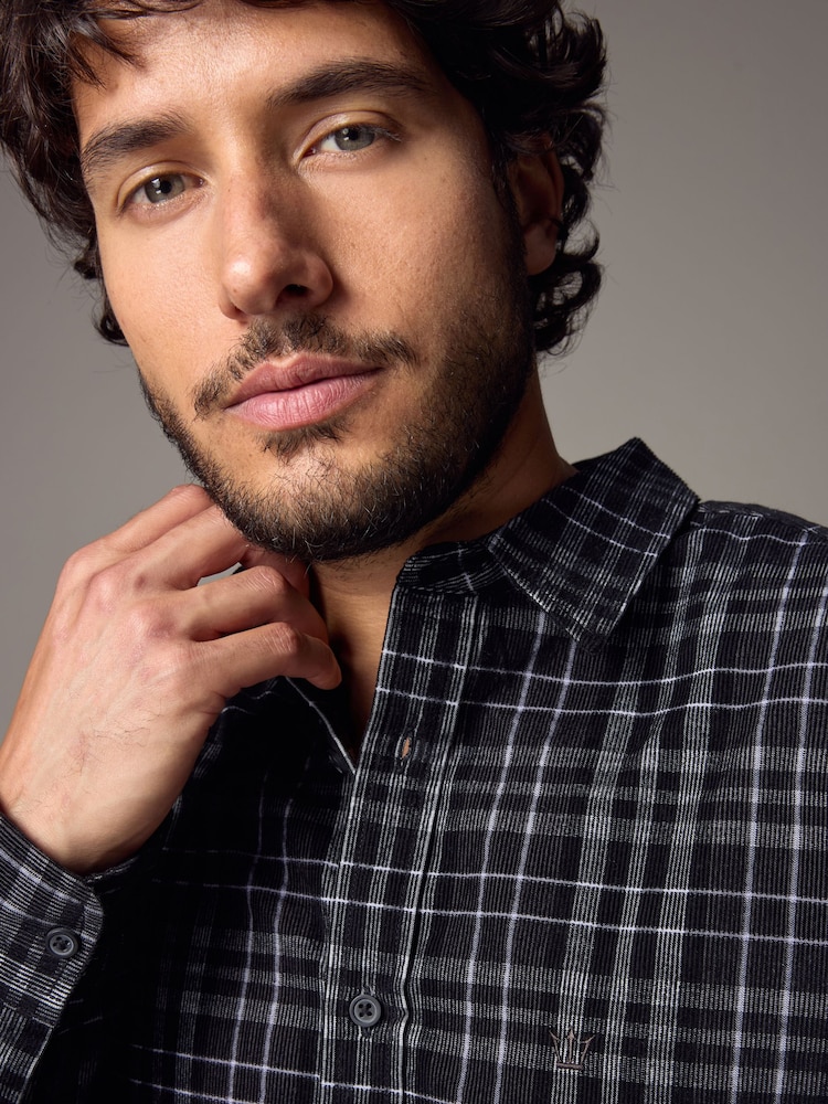 Black 100% Cotton Long Sleeve Corduroy Check Shirt - Image 1 of 8