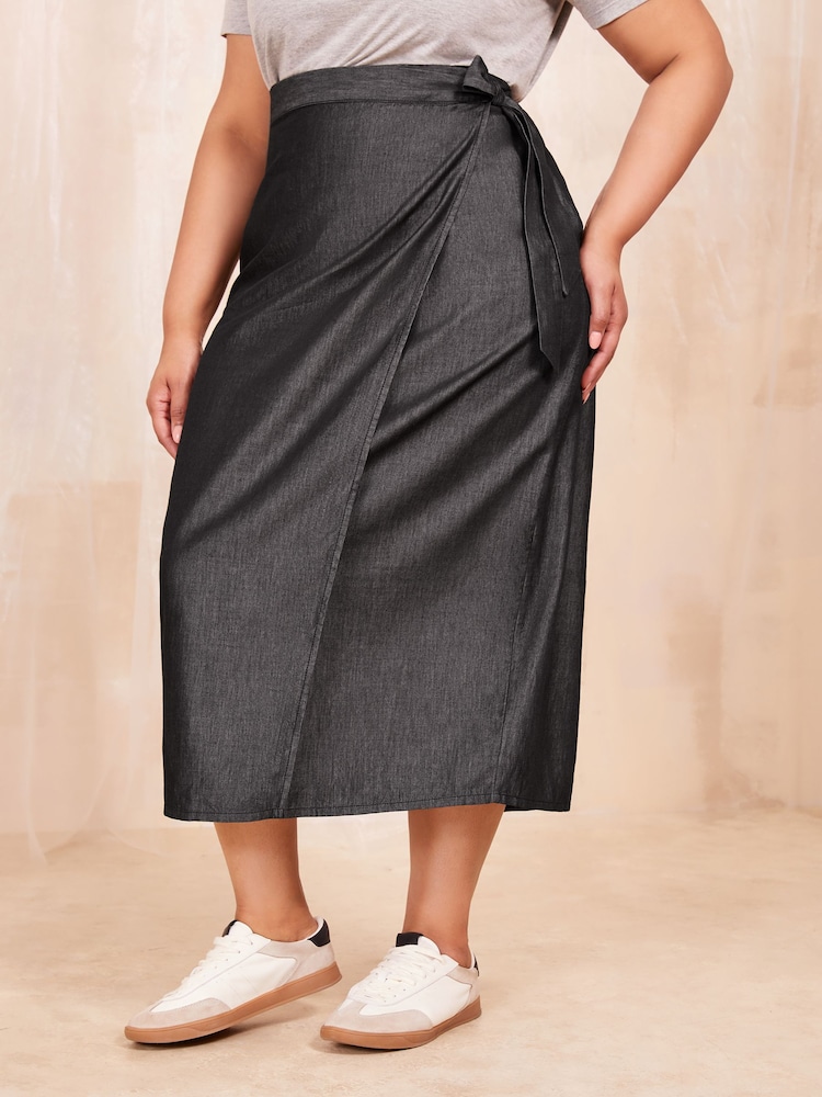 Curves Like These Black Lightweight Denim Midi Wrap Skirt - Image 1 of 4 Curves Like These Black Lightweight Denim Midi Wrap Skirt - Image 1 of 4