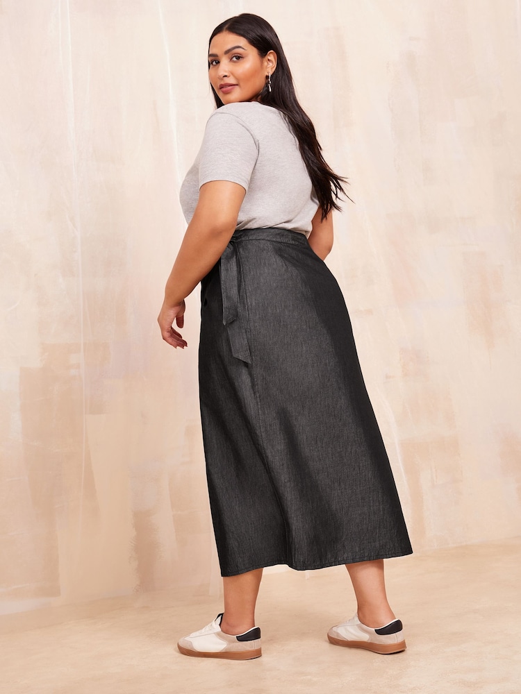Curves Like These Black Lightweight Denim Midi Wrap Skirt - Image 4 of 4