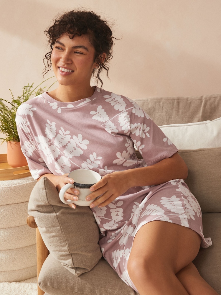 Pink Leaf 100% Cotton Nightie - Image 1 of 6