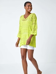 Roman Green Cotton Crochet 100% Cotton Tunic Top - Image 2 of 5