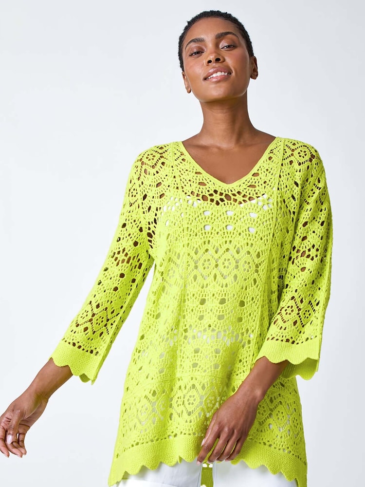 Roman Green Cotton Crochet 100% Cotton Tunic Top - Image 4 of 5