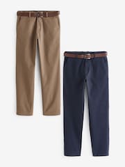 Navy Blue/Tan Brown Belted Soft Touch Chino Trousers 2 Pack - Image 1 of 14