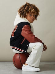 Reiss Navy Ward 3-9 yrs Hybrid Cord-Faux Leather Varsity Bomber Jacket - Image 1 of 5