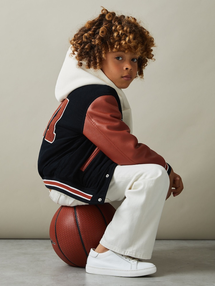 Reiss Navy Ward 3-9 yrs Hybrid Cord-Faux Leather Varsity Bomber Jacket - Image 1 of 5