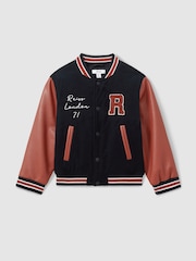 Reiss Navy Ward 3-9 yrs Hybrid Cord-Faux Leather Varsity Bomber Jacket - Image 2 of 5