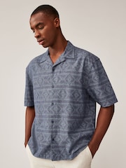 Blue Short Sleeve Navajo Style Printed Shirt with Cuban Collar - Image 1 of 7