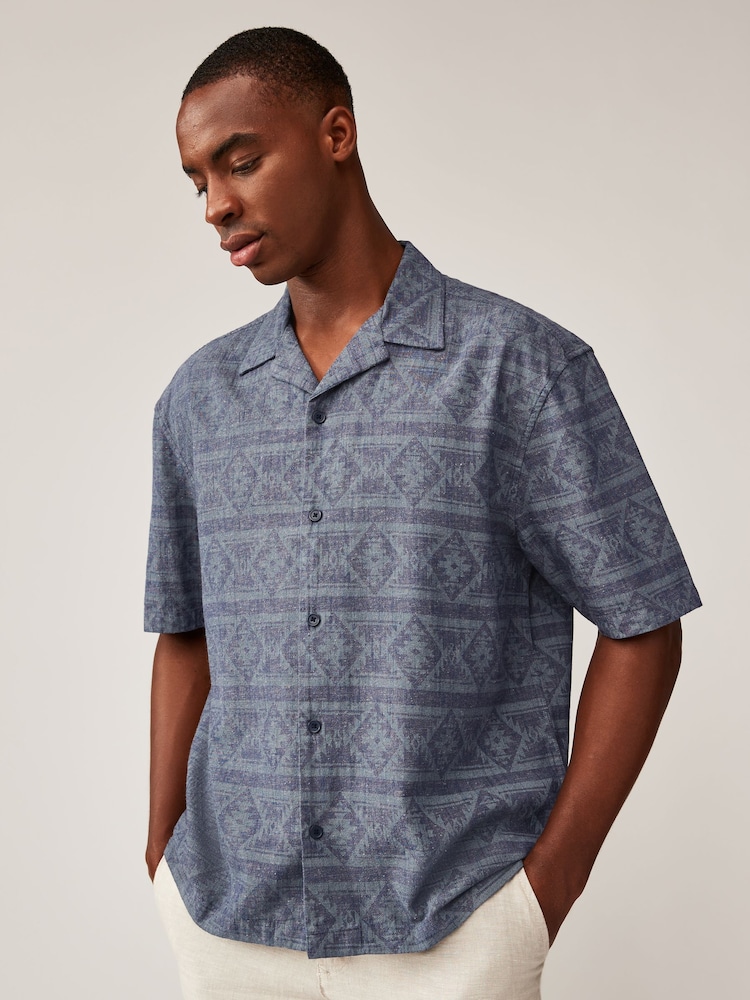 Blue Short Sleeve Navajo Style Printed Shirt with Cuban Collar - Image 1 of 7