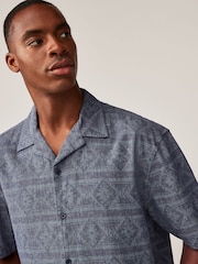 Blue Short Sleeve Navajo Style Printed Shirt with Cuban Collar - Image 4 of 7