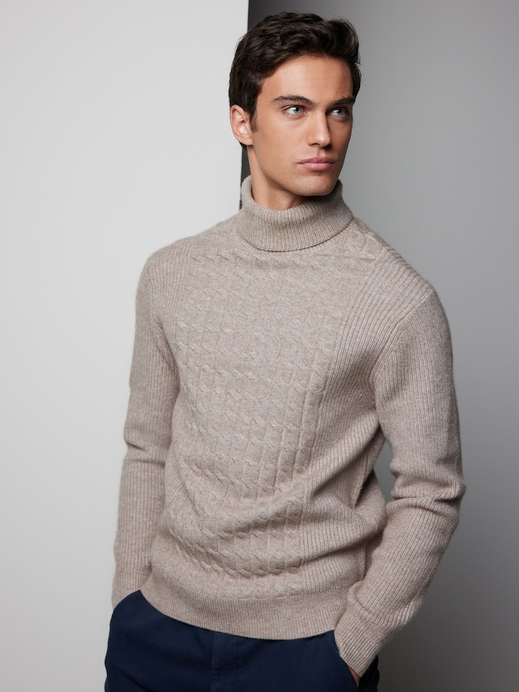 Neutral Regular Fit Cable Knit Roll Neck Jumper - Image 2 of 6