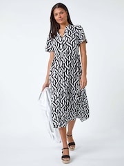 Roman Black Geometric Print Tiered Midi Dress - Image 1 of 5