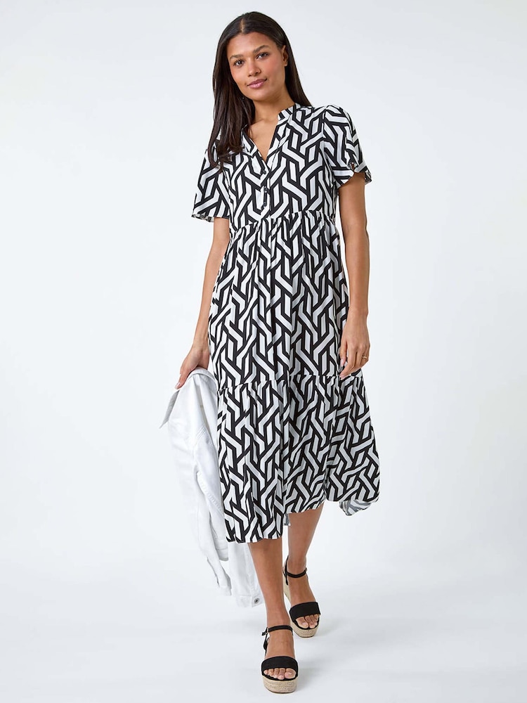 Roman Black Geometric Print Tiered Midi Dress - Image 1 of 5