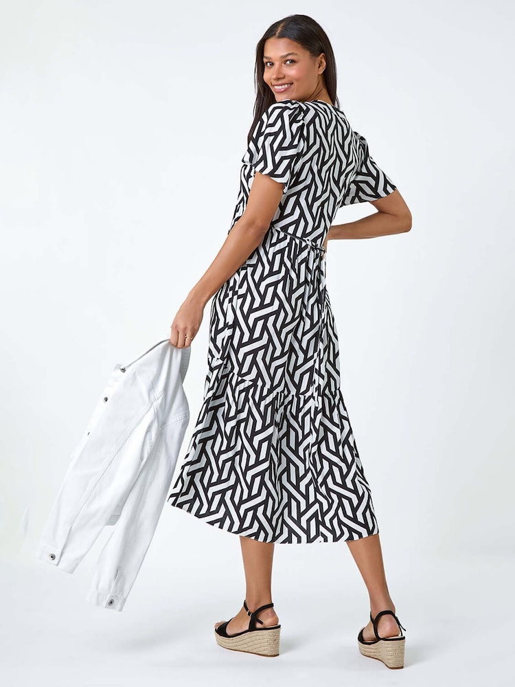 Roman Black Geometric Print Tiered Midi Dress - Image 2 of 5