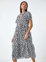 Roman Black Geometric Print Tiered Midi Dress - Image 3 of 5