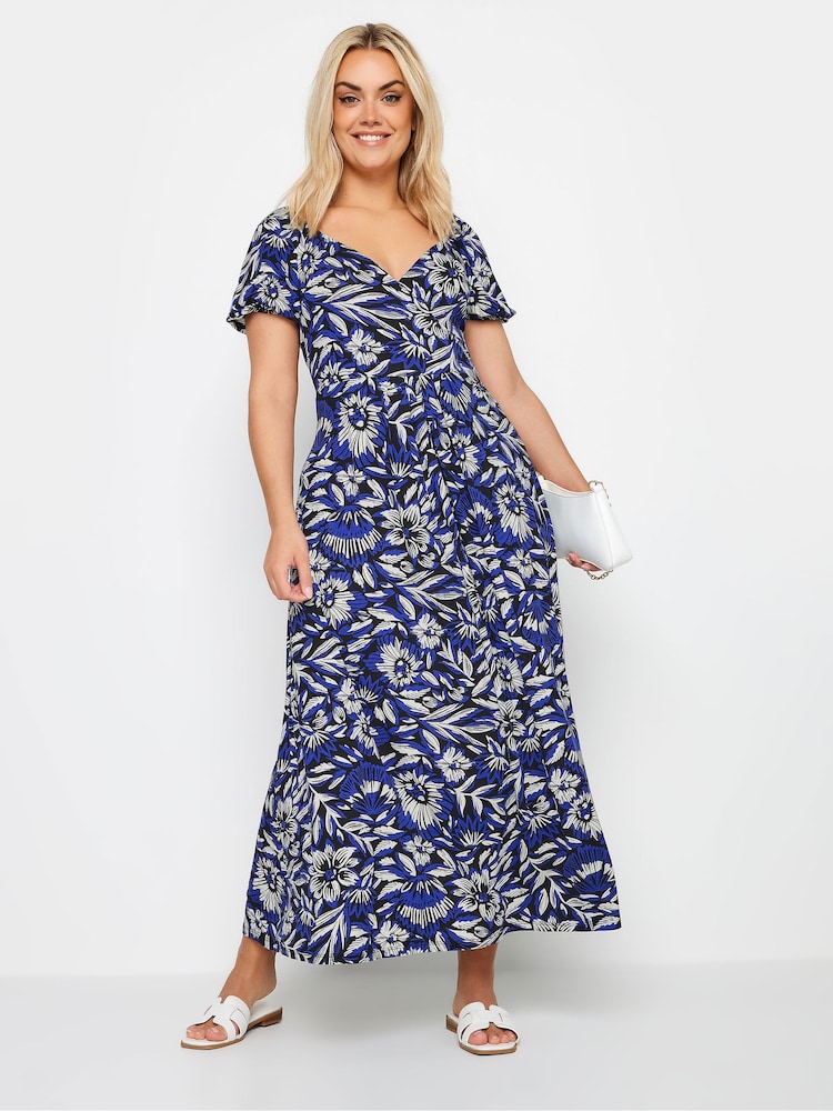 Yours Curve Blue Floral Print Tiered Maxi Dress - Image 1 of 4