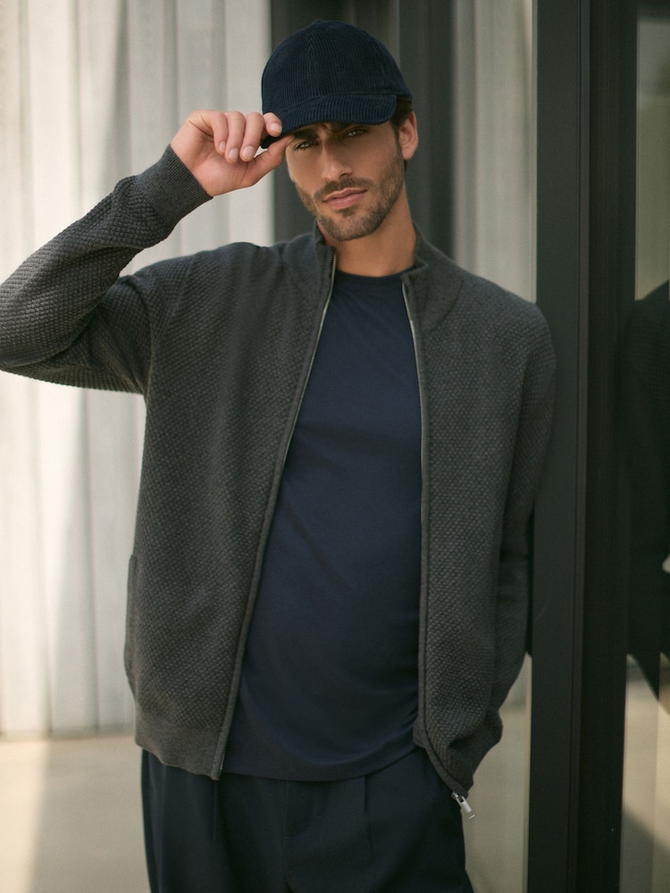Charcoal Grey Regular Fit Texture 100% Cotton Premium Zip Through Jumper - Image 3 of 10