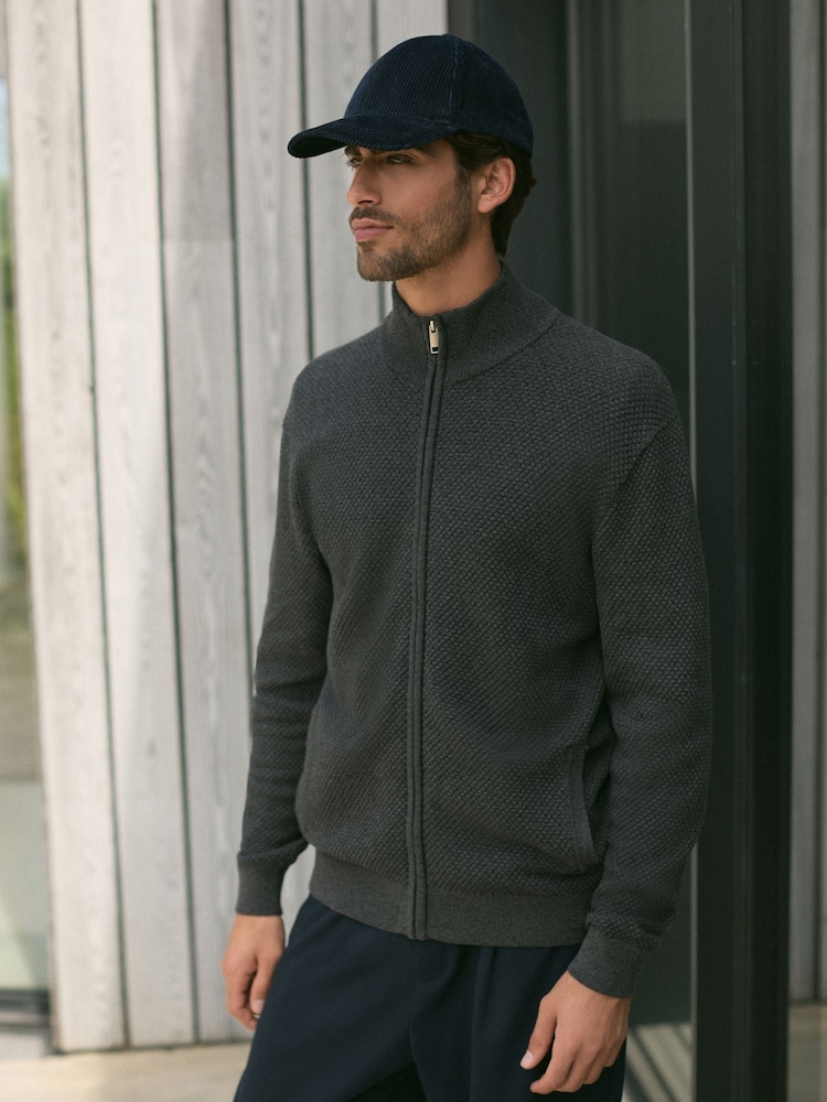 Charcoal Grey Regular Fit Texture 100% Cotton Premium Zip Through Jumper - Image 5 of 10