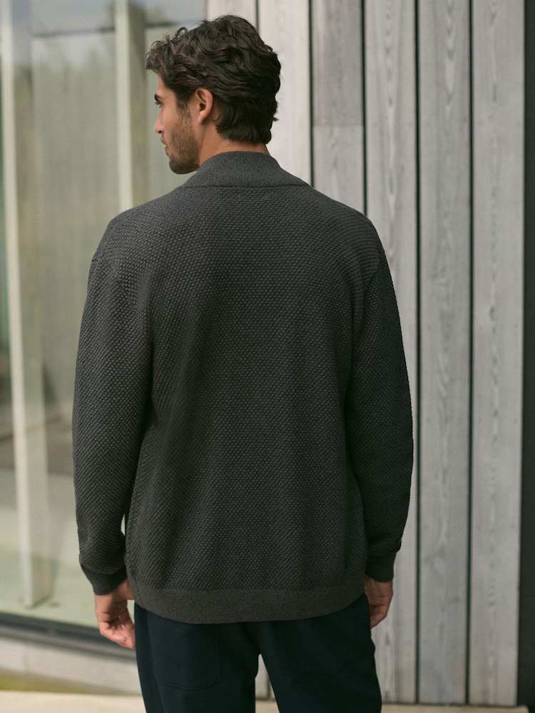 Charcoal Grey Regular Fit Texture 100% Cotton Premium Zip Through Jumper - Image 6 of 10
