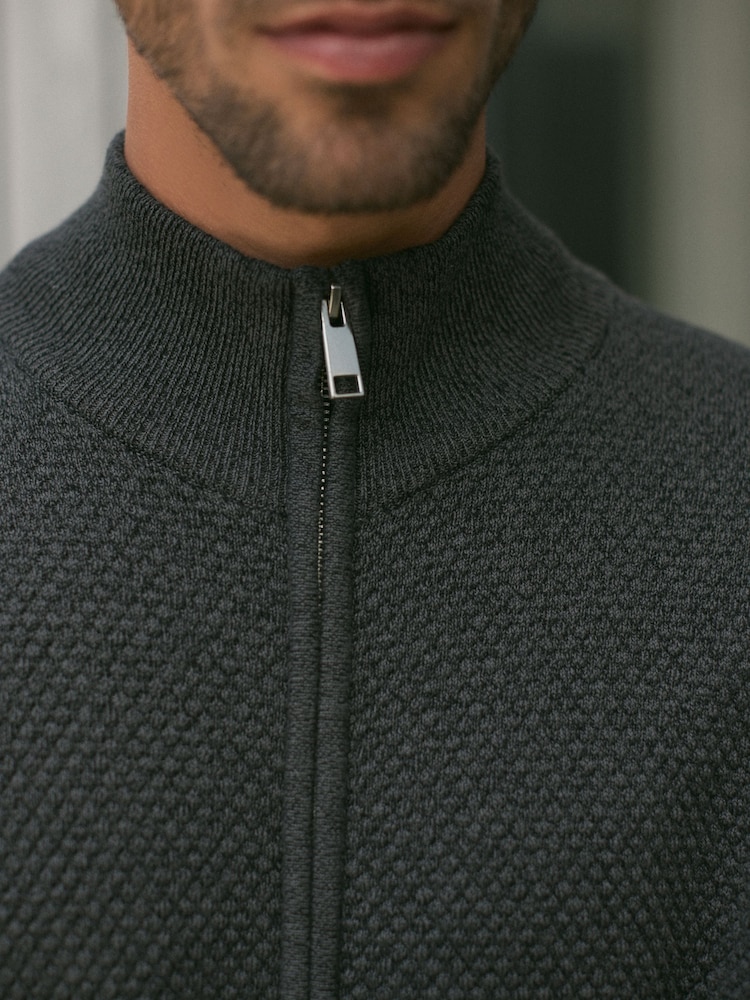 Charcoal Grey Regular Fit Texture 100% Cotton Premium Zip Through Jumper - Image 7 of 10