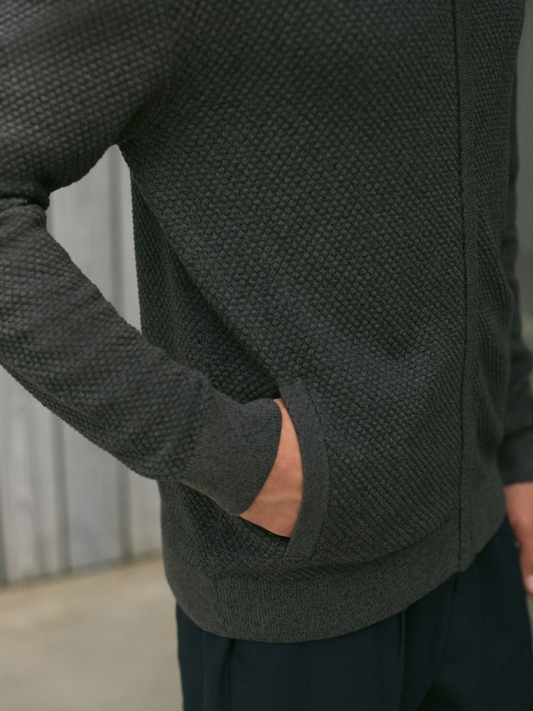 Charcoal Grey Regular Fit Texture 100% Cotton Premium Zip Through Jumper - Image 8 of 10