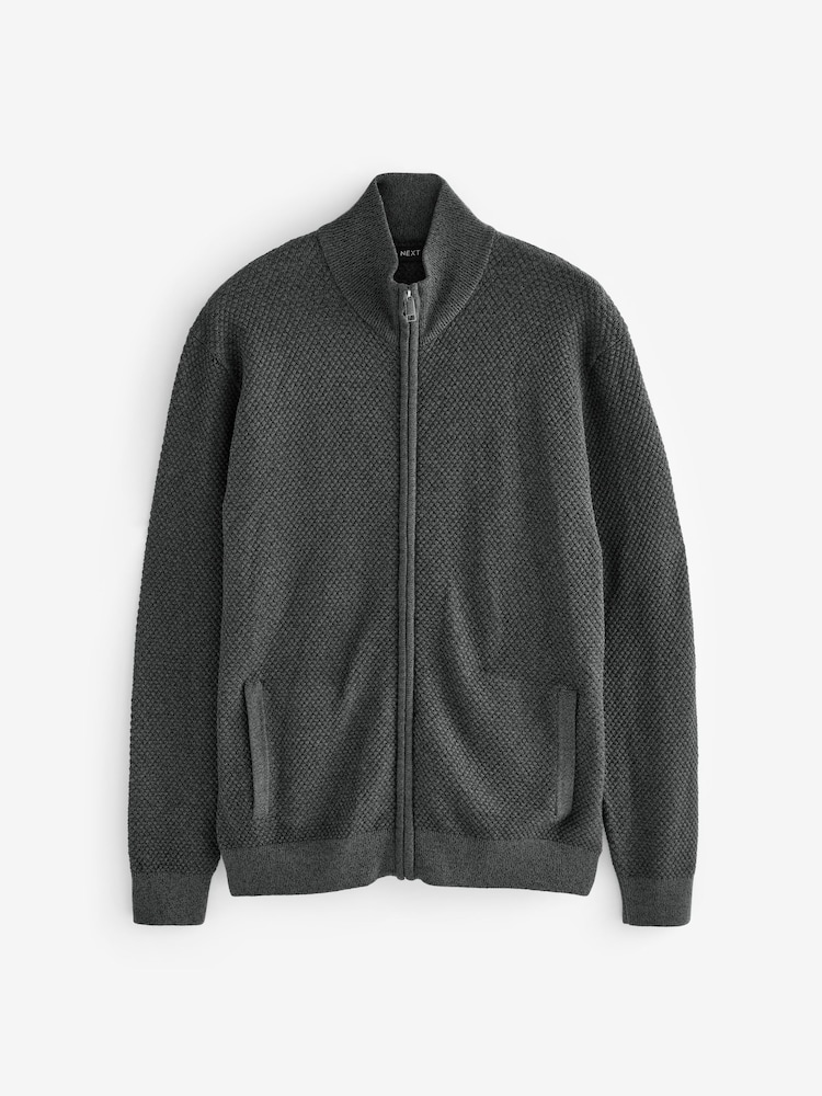 Charcoal Grey Regular Fit Texture 100% Cotton Premium Zip Through Jumper - Image 9 of 10