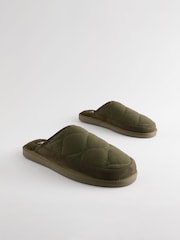 Khaki Green Quilted Borg Lined Mule Slippers - Image 2 of 6