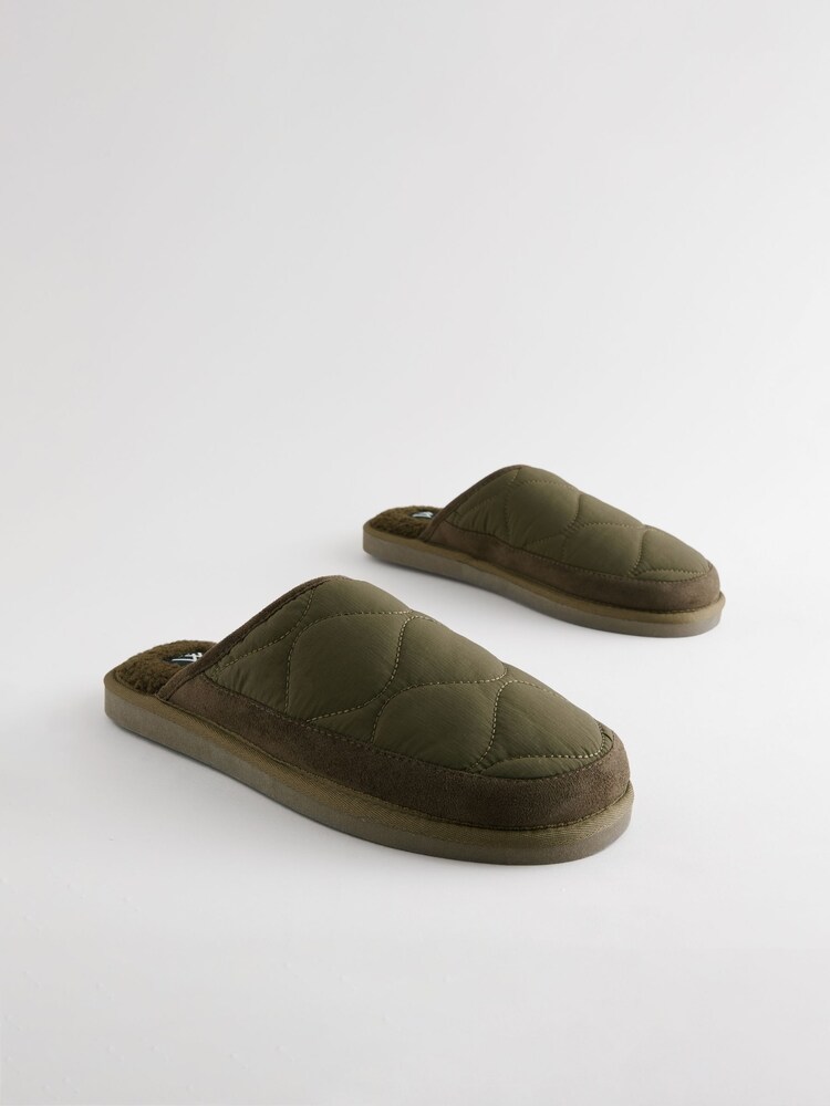 Khaki Green Quilted Borg Lined Mule Slippers - Image 2 of 6
