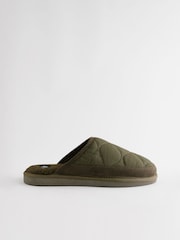 Khaki Green Quilted Borg Lined Mule Slippers - Image 3 of 6