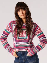 Apricot Blue 100% Cotton Cropped Crochet Squares Jumper - Image 1 of 5
